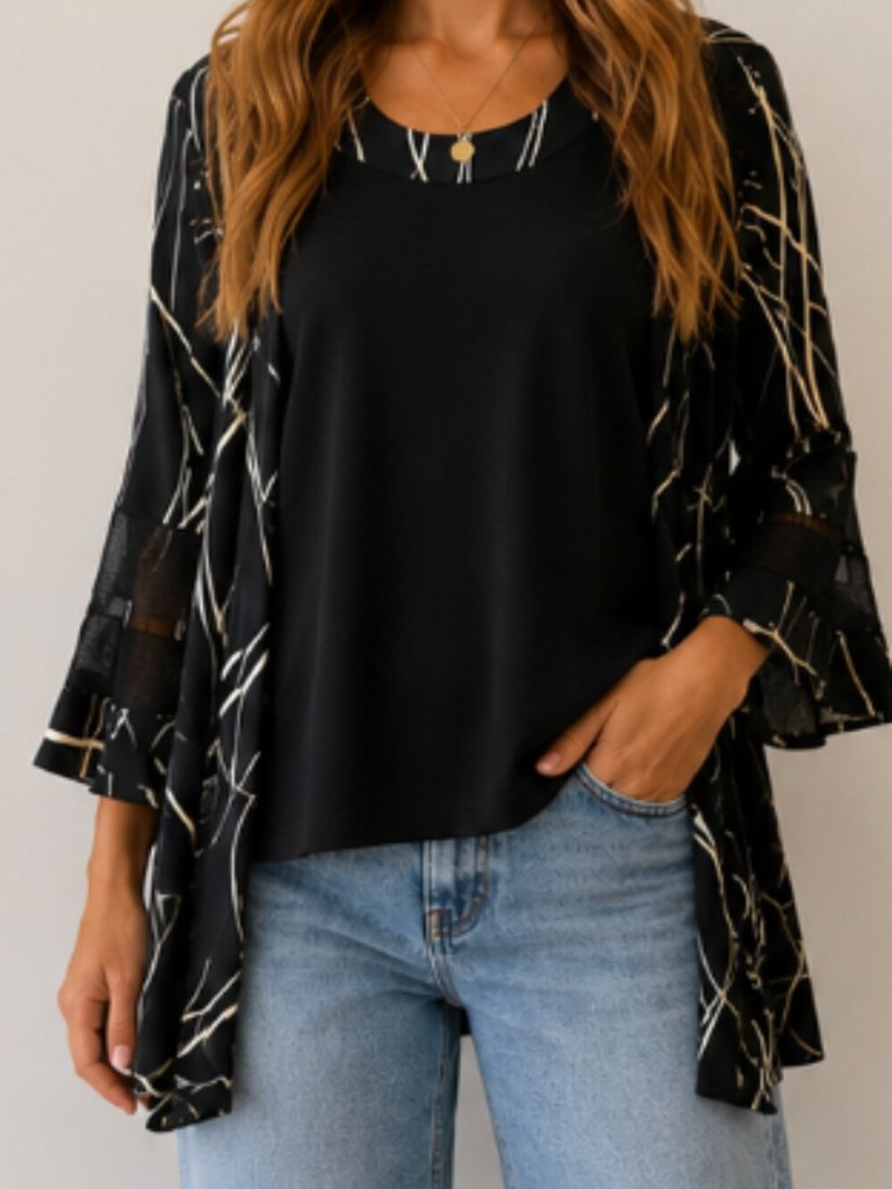 Joseph Ribkoff 2-Piece Black Abstract Print Tank & Open Front Jacket Set | Size